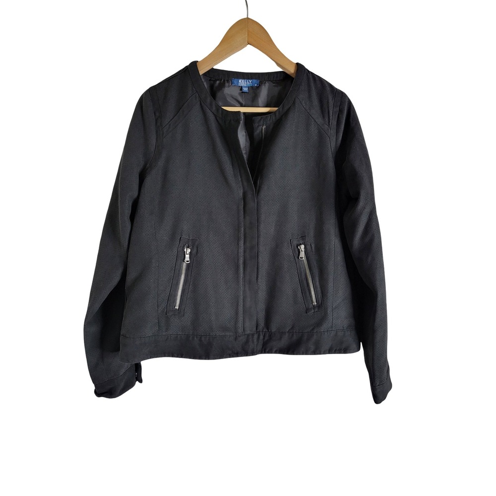 Kelly by Clinton Kelly Black Perforated Faux Suede Bomber Jacket Autumn Sz 10